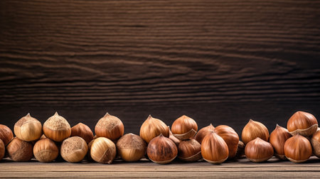 a bunch of hazelnuts arranged elegantly on a rustic wooden background, leaving plenty of space for your creative designs or text. Perfect for food blogs, culinary projects, or nut-related contentの素材