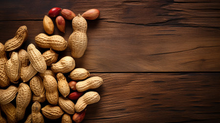 our captivating photograph of peanuts set against a charming wood background, featuring generous copy space for your creative projects. This rustic and natural imagery adds warmth to your designsの素材