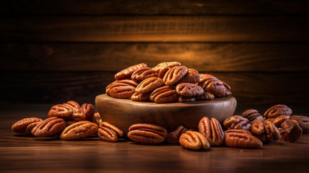 Capture the rustic beauty of pecans with a wooden backdrop. This high-quality photograph showcases fresh pecans on a textured wood surface, perfect for your food, recipe, or nut-related content.の素材