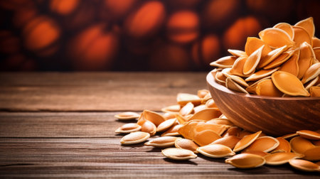 pumpkin seeds beautifully arranged on a textured wood background. a perfect balance of composition, highlighting the natural elements and offering ample space for your creative endeavorsの素材