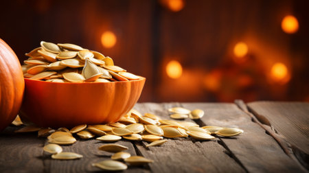 pumpkin seeds beautifully arranged on a textured wood background. a perfect balance of composition, highlighting the natural elements and offering ample space for your creative endeavorsの素材