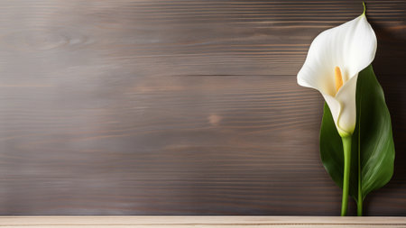 Calla Lily (Zantedeschia) flower showcased against a rustic wood background, offering a perfect contrast and aesthetic appeal. The composition provides ample copy space for your creative inspirations.の素材