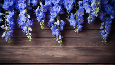 Delphinium flower against a rustic wood background with ample copy space. This stunning photograph showcases the delicate details and vibrant colors of the flower, making it perfect for various designの素材