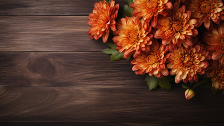 Discover the beauty of a Chrysanthemum flower against a rustic wood background. This stunning photograph features a Chrysanthemum bloom with ample copy space for your creative projectsの素材