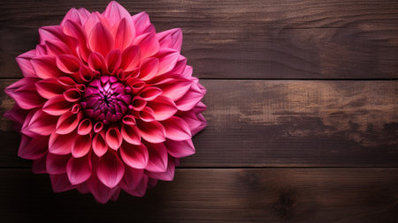 Discover the stunning beauty of a Dahlia flower against a rustic wood background. This captivating photograph offers ample copy space for your creative projectsの素材