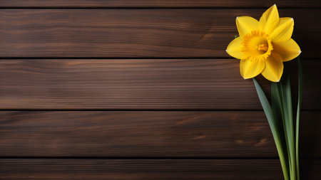 the beauty of a vibrant Daffodil (Narcissus) flower against a rustic wood background. This stunning photograph features ample copy space, making it perfect for various design and promotional projectsの素材