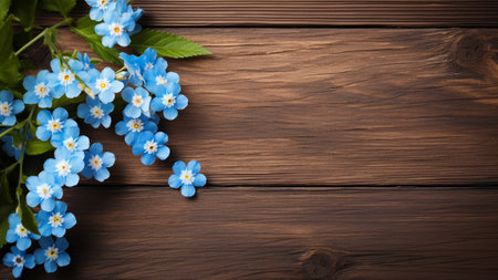 Capture the beauty of a Forget Me Not (Myosotis) flower against a rustic wood background with ample copy space. This stunning floral photograph is perfect for various creative projects and designs.の素材