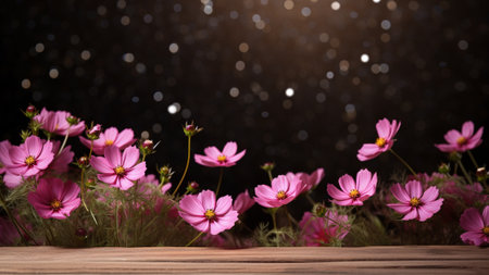 Cosmos (Cosmos bipinnatus) flower against a wood background with ample copy space. This stunning photograph showcases the delicate charm of the Cosmos flower, making it perfect for various designの素材