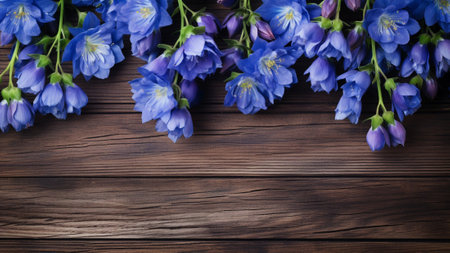 Delphinium flower against a rustic wood background with ample copy space. This stunning photograph showcases the delicate details and vibrant colors of the flower, making it perfect for various designの素材