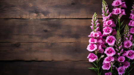 Capture the beauty of a Digitalis purpurea (Foxglove) flower against a rustic wood background. This high-quality photograph provides ample copy space for your creative needsの素材