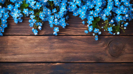 Capture the beauty of a Forget Me Not (Myosotis) flower against a rustic wood background with ample copy space. This stunning floral photograph is perfect for various creative projects and designs.の素材