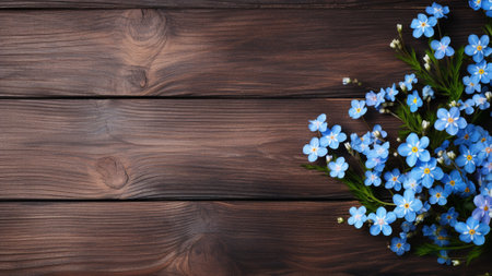 Capture the beauty of a Forget Me Not (Myosotis) flower against a rustic wood background with ample copy space. This stunning floral photograph is perfect for various creative projects and designs.の素材