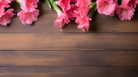 the beauty of a Gladiolus flower showcased against a rustic wood background. This photograph provides ample copy space, allowing for creative design elements and personalized messages.の素材