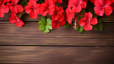 Geranium (Pelargonium) flower against a rustic wood background, providing a visually appealing contrast. The composition offers ample copy space, making it perfect for various design and text overlaysの素材