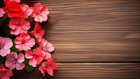Geranium (Pelargonium) flower against a rustic wood background, providing a visually appealing contrast. The composition offers ample copy space, making it perfect for various design and text overlaysの素材