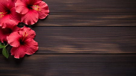 Hibiscus flower set against a rustic wood background. The wood backdrop adds a natural and warm ambiance, elegance of the Hibiscus bloom. This photograph offers ample copy space for creative projectsの素材