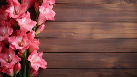 the beauty of a Gladiolus flower showcased against a rustic wood background. This photograph provides ample copy space, allowing for creative design elements and personalized messages.の素材