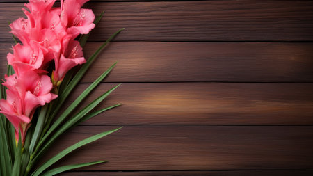 the beauty of a Gladiolus flower showcased against a rustic wood background. This photograph provides ample copy space, allowing for creative design elements and personalized messages.の素材
