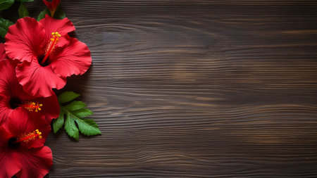 Hibiscus flower set against a rustic wood background. The wood backdrop adds a natural and warm ambiance, elegance of the Hibiscus bloom. This photograph offers ample copy space for creative projectsの素材