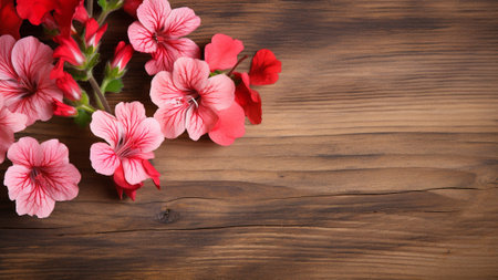 Geranium (Pelargonium) flower against a rustic wood background, providing a visually appealing contrast. The composition offers ample copy space, making it perfect for various design and text overlaysの素材
