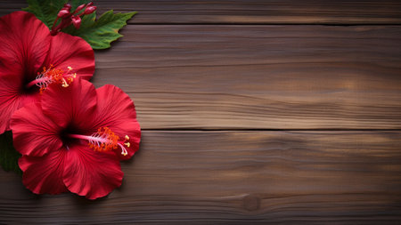 Hibiscus flower set against a rustic wood background. The wood backdrop adds a natural and warm ambiance, elegance of the Hibiscus bloom. This photograph offers ample copy space for creative projectsの素材