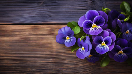 Pansy (Viola tricolor) flower set against a rustic wood background. The wood backdrop complements the vibrant hues of the Pansy. Ample copy space allows for personalized messages or brandingの素材