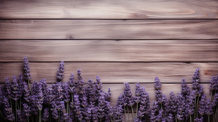 Lavender (Lavandula) flower against a rustic wood background, offering a sense of tranquility and nature's charm. The soft lavender hues juxtaposed with the textured wood and generous copy spaceの素材