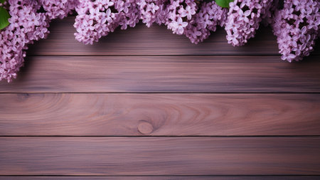 Lilac (Syringa) flower set against a rustic wood background with ample copy space. This stunning floral photograph captures the elegance of nature, perfect for your design and creative projectsの素材