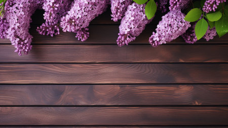 Lilac (Syringa) flower set against a rustic wood background with ample copy space. This stunning floral photograph captures the elegance of nature, perfect for your design and creative projectsの素材