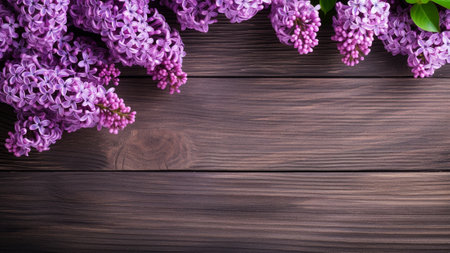 Lilac (Syringa) flower set against a rustic wood background with ample copy space. This stunning floral photograph captures the elegance of nature, perfect for your design and creative projectsの素材