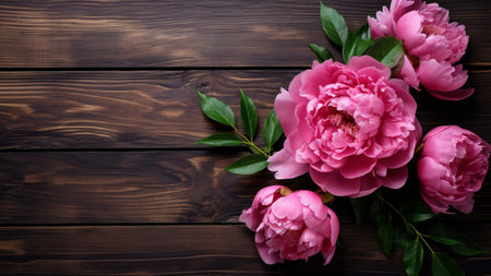 Peony (Paeonia) flower elegantly displayed against a rustic wooden background. The contrast of the delicate peony petals against the textured wood. The generous copy space allows for design projects.の素材