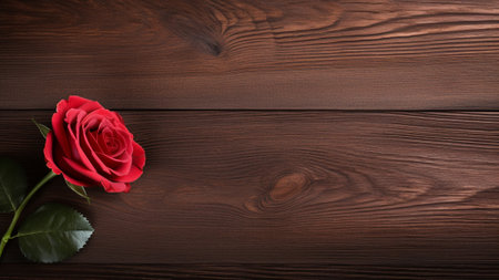 Rose (Rosa) flower set against a rustic wooden background, providing ample copy space for your creative projects. The vibrant colors and natural textures for floral design to marketing materialsの素材
