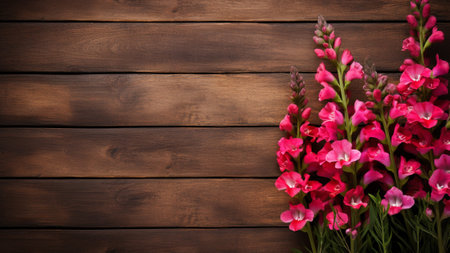 Discover the beauty of a Snapdragon (Antirrhinum majus) flower against a rustic wood background. This captivating photograph offers ample copy space for your creative projectsの素材