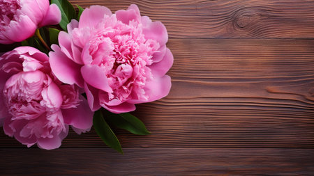 Peony (Paeonia) flower elegantly displayed against a rustic wooden background. The contrast of the delicate peony petals against the textured wood. The generous copy space allows for design projects.の素材
