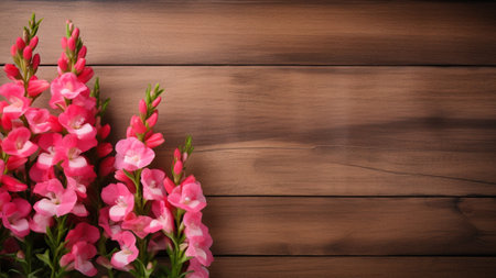 Discover the beauty of a Snapdragon (Antirrhinum majus) flower against a rustic wood background. This captivating photograph offers ample copy space for your creative projectsの素材