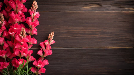 Discover the beauty of a Snapdragon (Antirrhinum majus) flower against a rustic wood background. This captivating photograph offers ample copy space for your creative projectsの素材