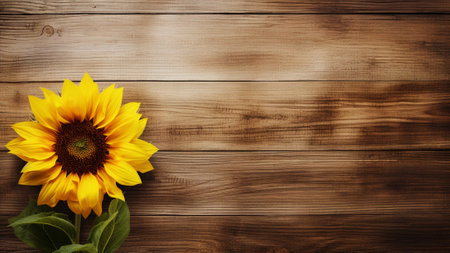 a sunflower (Helianthus) against a rustic wood background. provides ample copy space for your creative projects, designs, or marketing needs. Sunflowers are known for their bright and cheerfulの素材