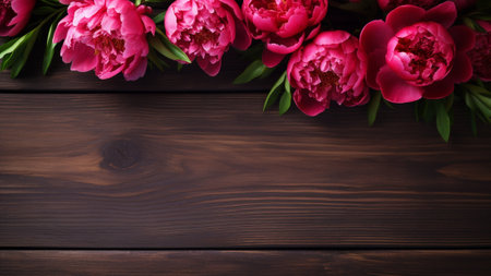 Peony (Paeonia) flower elegantly displayed against a rustic wooden background. The contrast of the delicate peony petals against the textured wood. The generous copy space allows for design projects.の素材