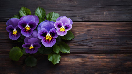Pansy (Viola tricolor) flower set against a rustic wood background. The wood backdrop complements the vibrant hues of the Pansy. Ample copy space allows for personalized messages or brandingの素材