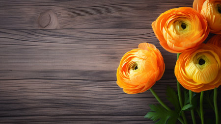 Ranunculus (Ranunculus asiaticus) flower set against a rustic wood background, a captivating juxtaposition of nature and texture. The ample copy space allows for design projects and presentations.の素材