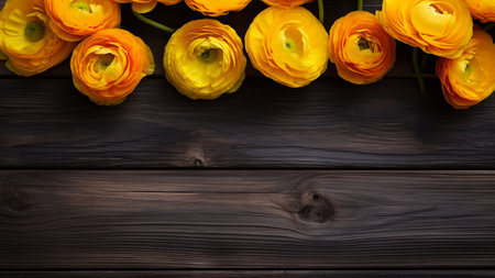 Ranunculus (Ranunculus asiaticus) flower set against a rustic wood background, a captivating juxtaposition of nature and texture. The ample copy space allows for design projects and presentations.の素材