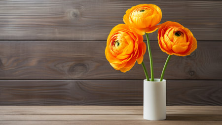 Ranunculus (Ranunculus asiaticus) flower set against a rustic wood background, a captivating juxtaposition of nature and texture. The ample copy space allows for design projects and presentations.の素材