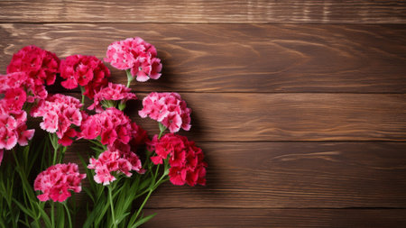 the beauty of Sweet William (Dianthus barbatus) flowers against a rustic wooden backdrop. This stunning photograph captures the essence of nature with ample copy space for your creative projectsの素材