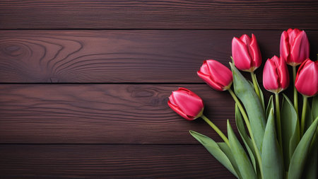 Tulipa set against a rustic wood background. The natural, elegant appeal of the tulip contrasts beautifully with the wooden tones. Ample copy space allows for messaging and creative design elementsの素材