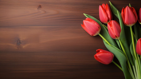 Tulipa set against a rustic wood background. The natural, elegant appeal of the tulip contrasts beautifully with the wooden tones. Ample copy space allows for messaging and creative design elementsの素材