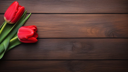 Tulipa set against a rustic wood background. The natural, elegant appeal of the tulip contrasts beautifully with the wooden tones. Ample copy space allows for messaging and creative design elementsの素材