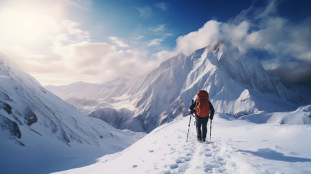 Discover the serene beauty of winter by embarking on an outdoor adventure like hiking and skiing. Explore snow-covered landscapes and capture the enchanting essence of nature at its most breathtakingの素材