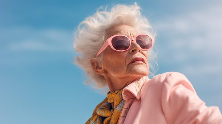 Discover the timeless style of an older woman as she poses in a fashion-forward portrait wearing stylish sunglasses against a vibrant summer pastel background. the essence of ageless fashionの素材
