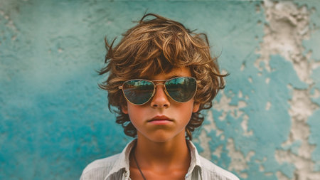 fashion portrait of a young boy wearing trendy sunglasses. The pastel background sets for a fashionable and vibrant look, making this image ideal for fashion enthusiasts and summer-themed content.の素材