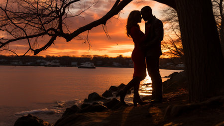 Capture the magic of love with couples silhouetted against a stunning romantic sunset backdrop this Valentine's Day. Enjoy heartwarming moments as the sun sets on this special day.の素材